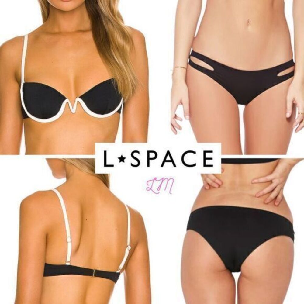L Space Nico Bikini Top Black Cream Estella‎ Bikini Bottom Black 2 Piece Medium